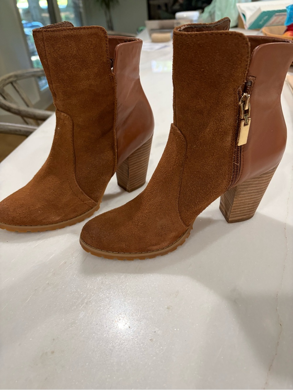 Women’s Tahari Cognac Suede and Leather Block Heel Ankle Boots